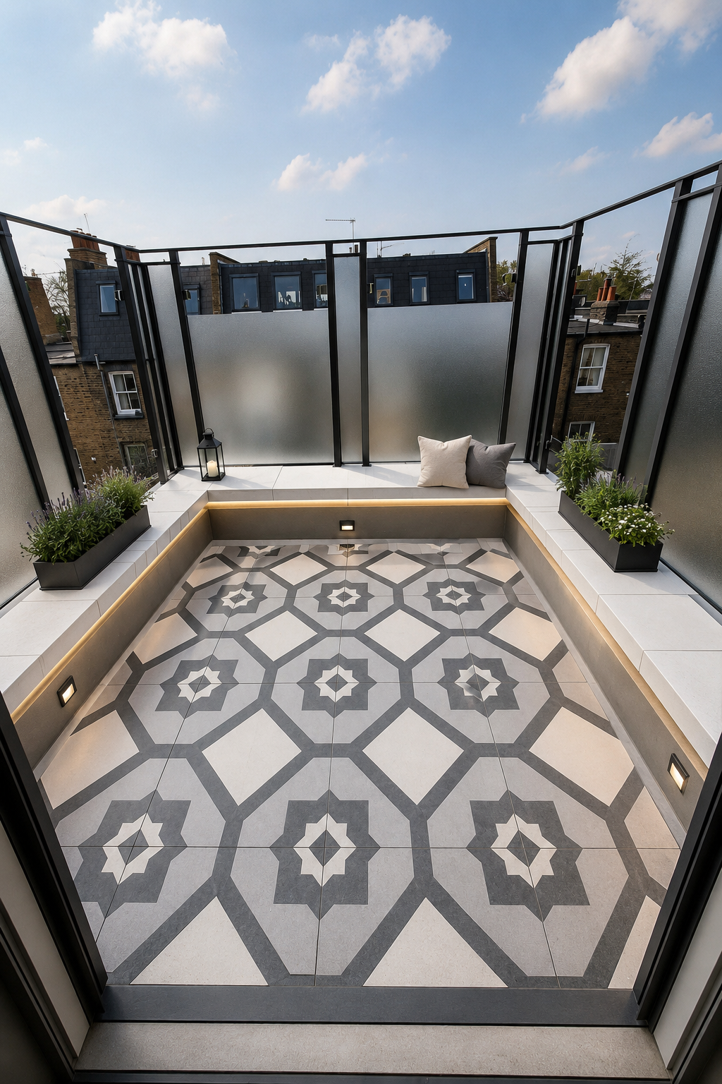 Fulham roof terrace · bespoke tiling & integrated lighting